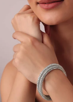 92.5 Sterling Silver Bangles With White Zirconia Set of 2