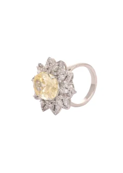 92.5 Sterling Silver Ring Embedded with Yellow Stone And Faux Diamonds