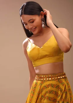 Amber Yellow Blouse In Satin With Strap Sleeves And Overlapping Geometric Neckline