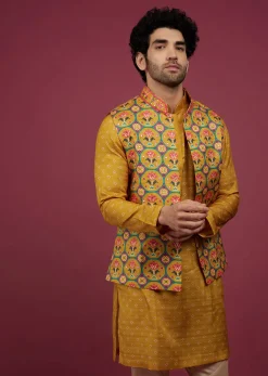 Amber Yellow Silk Patola Printed Bandi With Kurta Set