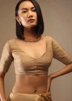 Apple Cinnamon Half Sleeveless Blouse In A Sweetheart Neckline Raw Silk With Front Hooks Closure