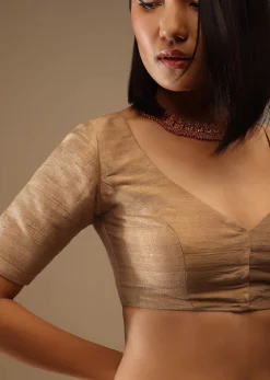 Apple Cinnamon Half Sleeveless Blouse In A Sweetheart Neckline Raw Silk With Front Hooks Closure
