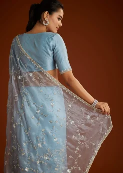 Aqua Blue Crushed Tissue Saree With Floral Jaal Embroidery