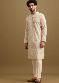 Aqua Blue Digital Printed Silk Kurta Set For Men