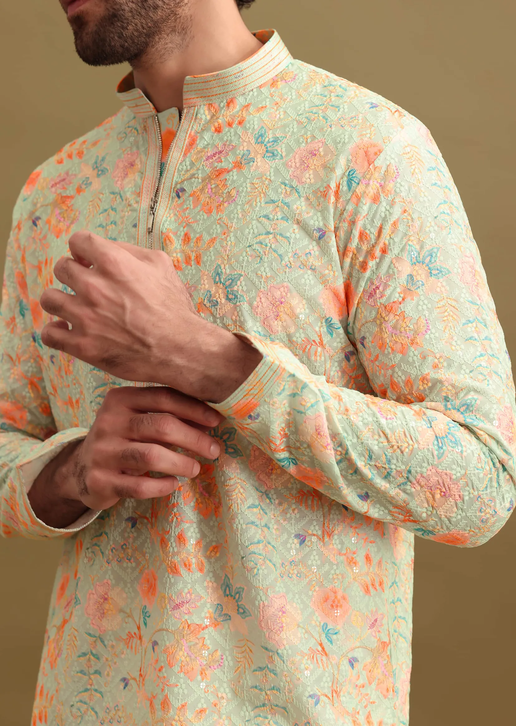 Aqua Blue Digital Printed Silk Kurta Set For Men