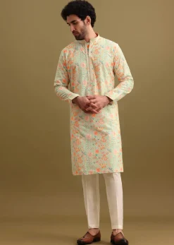 Aqua Blue Digital Printed Silk Kurta Set For Men