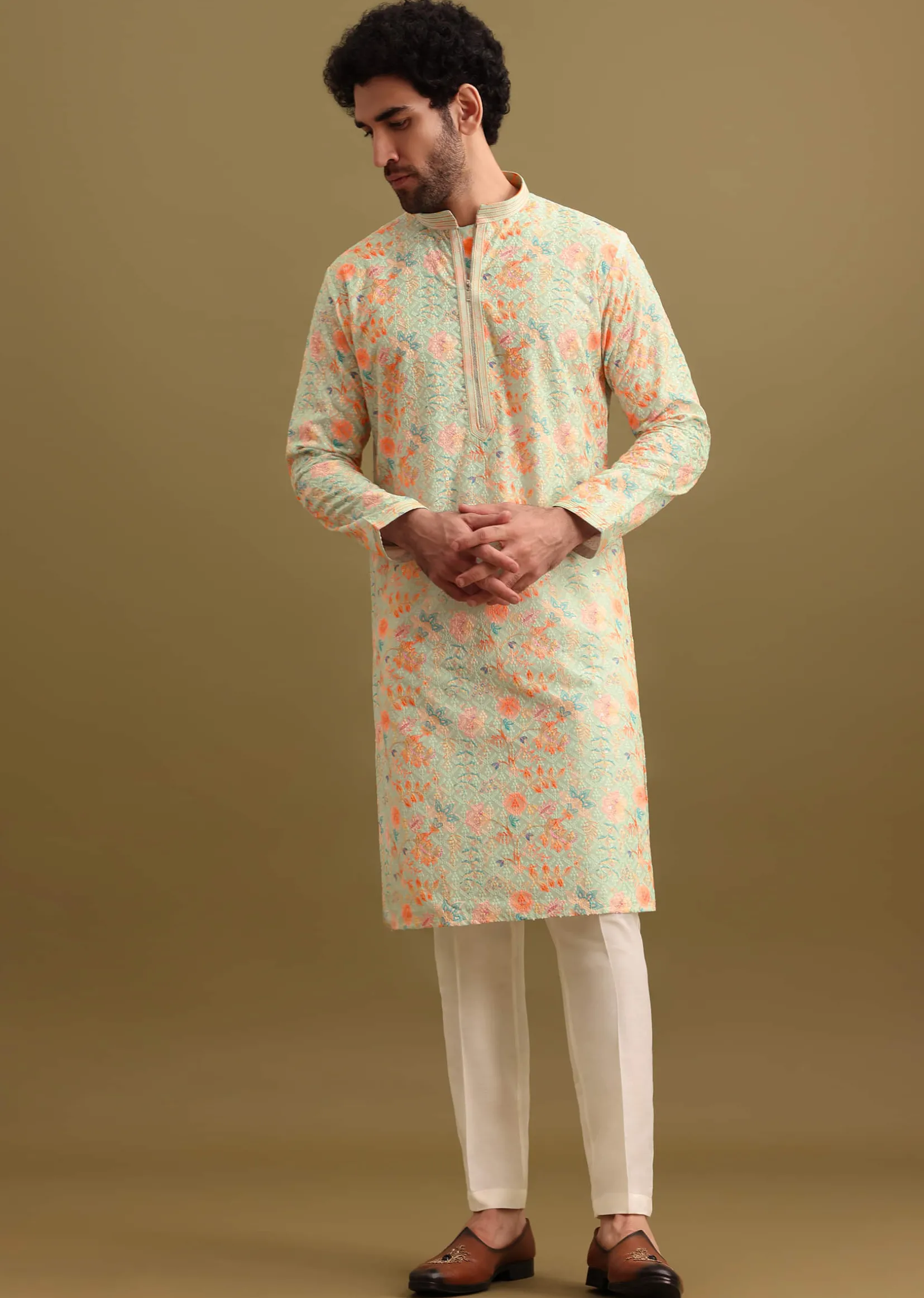 Aqua Blue Digital Printed Silk Kurta Set For Men