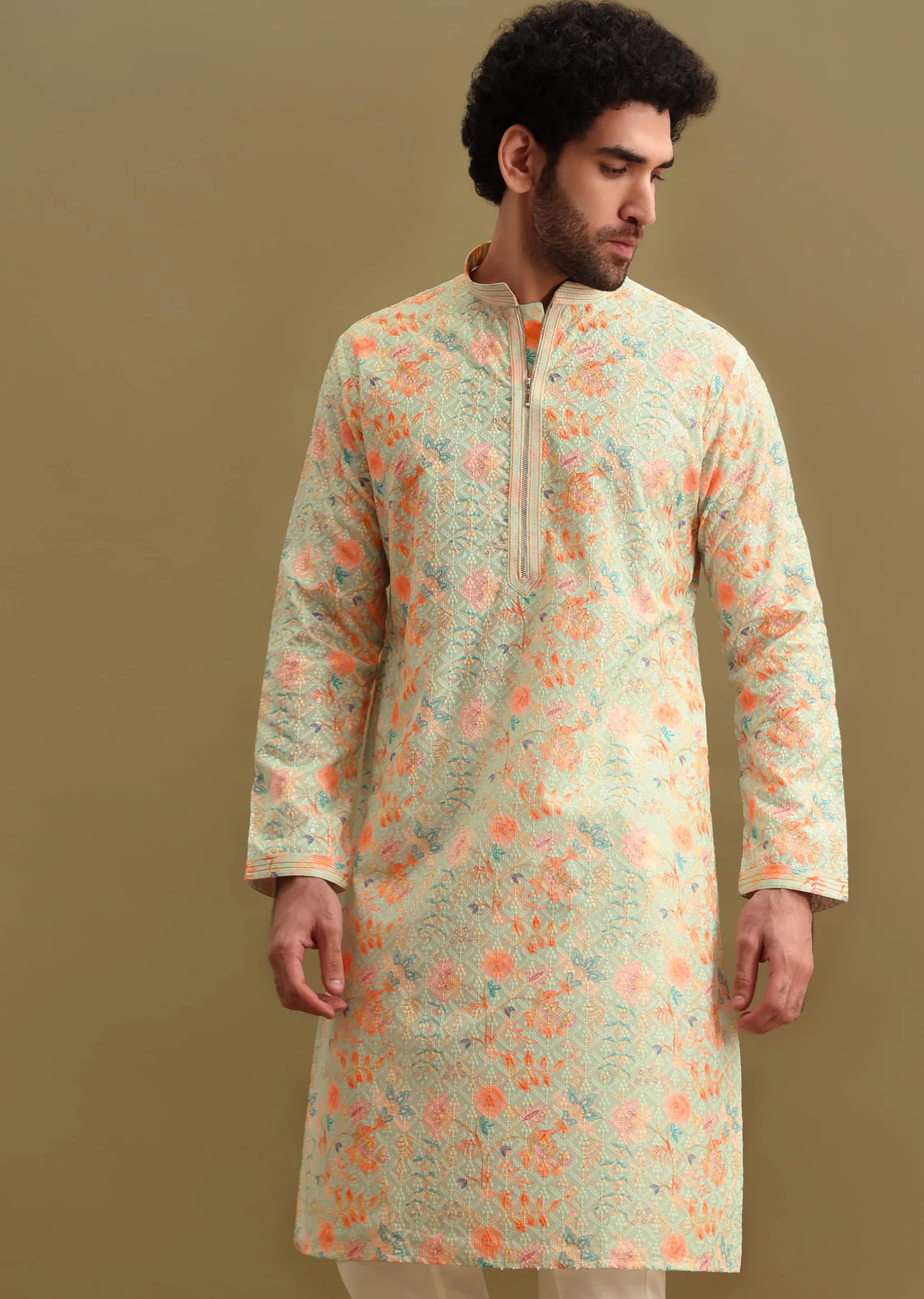 Aqua Blue Digital Printed Silk Kurta Set For Men