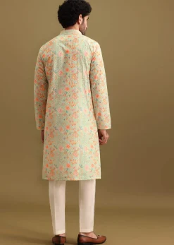 Aqua Blue Digital Printed Silk Kurta Set For Men