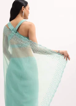 Aqua Blue Embroidered Organza Saree With Unstitched Blouse
