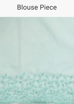 Aqua Blue Embroidered Organza Saree With Unstitched Blouse