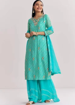 Aqua blue Georgette Kurta Palazzo Suit With Organza Dupatta And Gotta Work