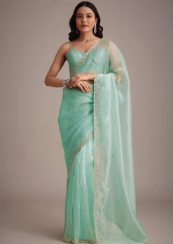 Aqua Blue Glass Tissue Embroidered Saree With Cutdana Work