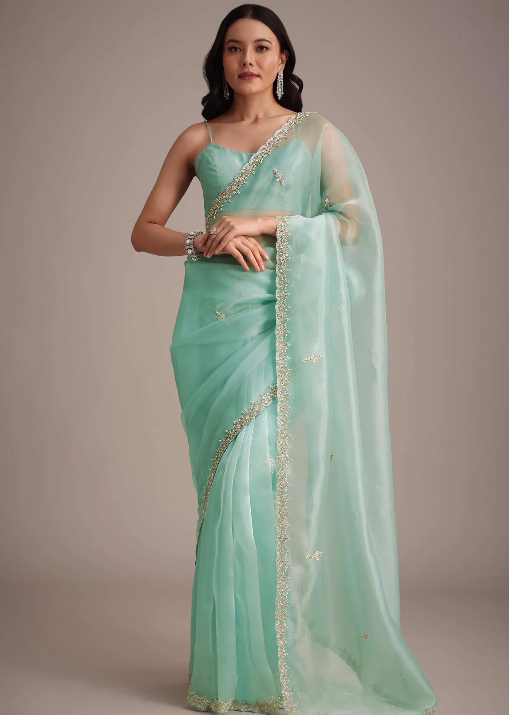 Aqua Blue Glass Tissue Embroidered Saree With Cutdana Work