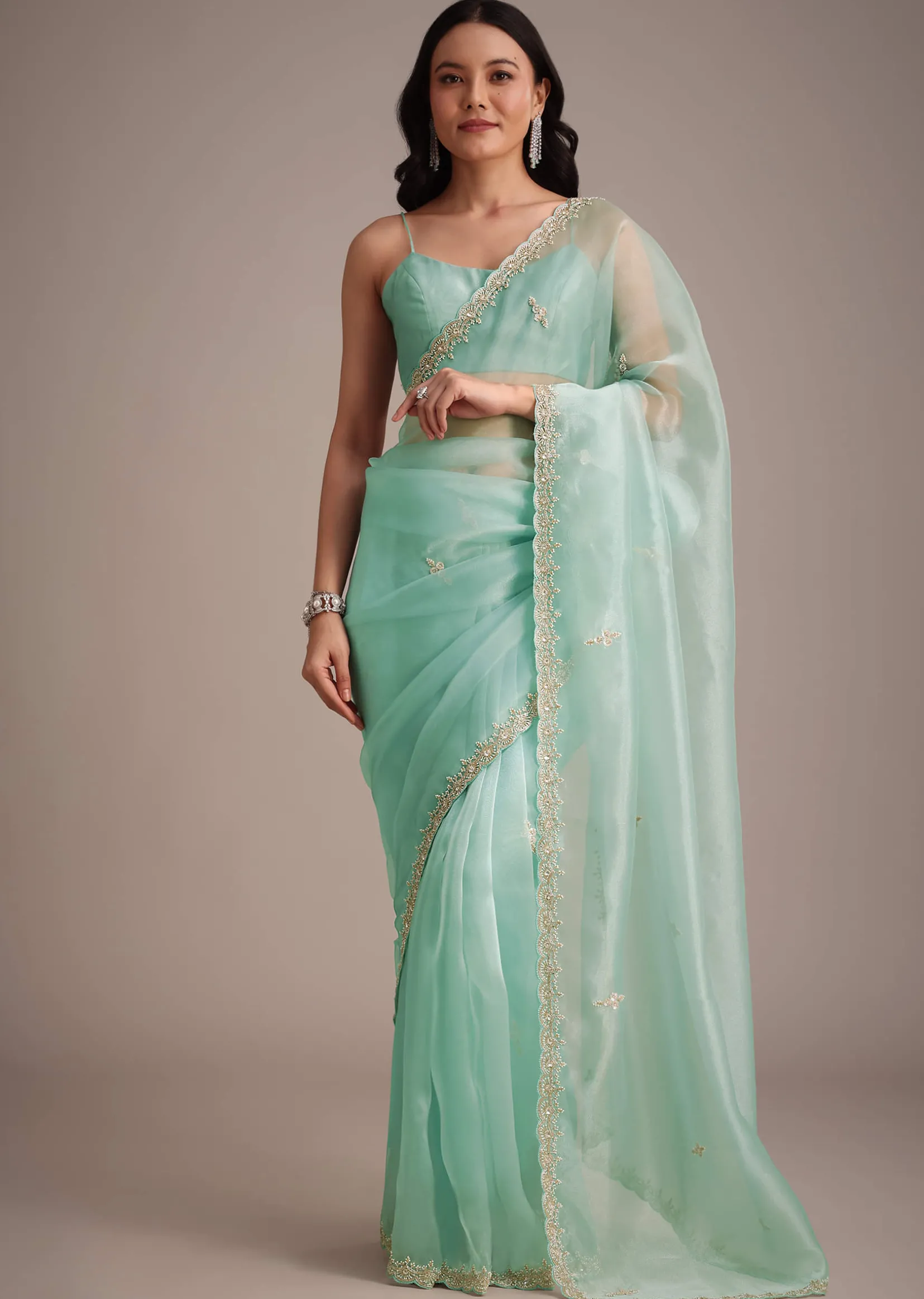 Aqua Blue Glass Tissue Embroidered Saree With Cutdana Work