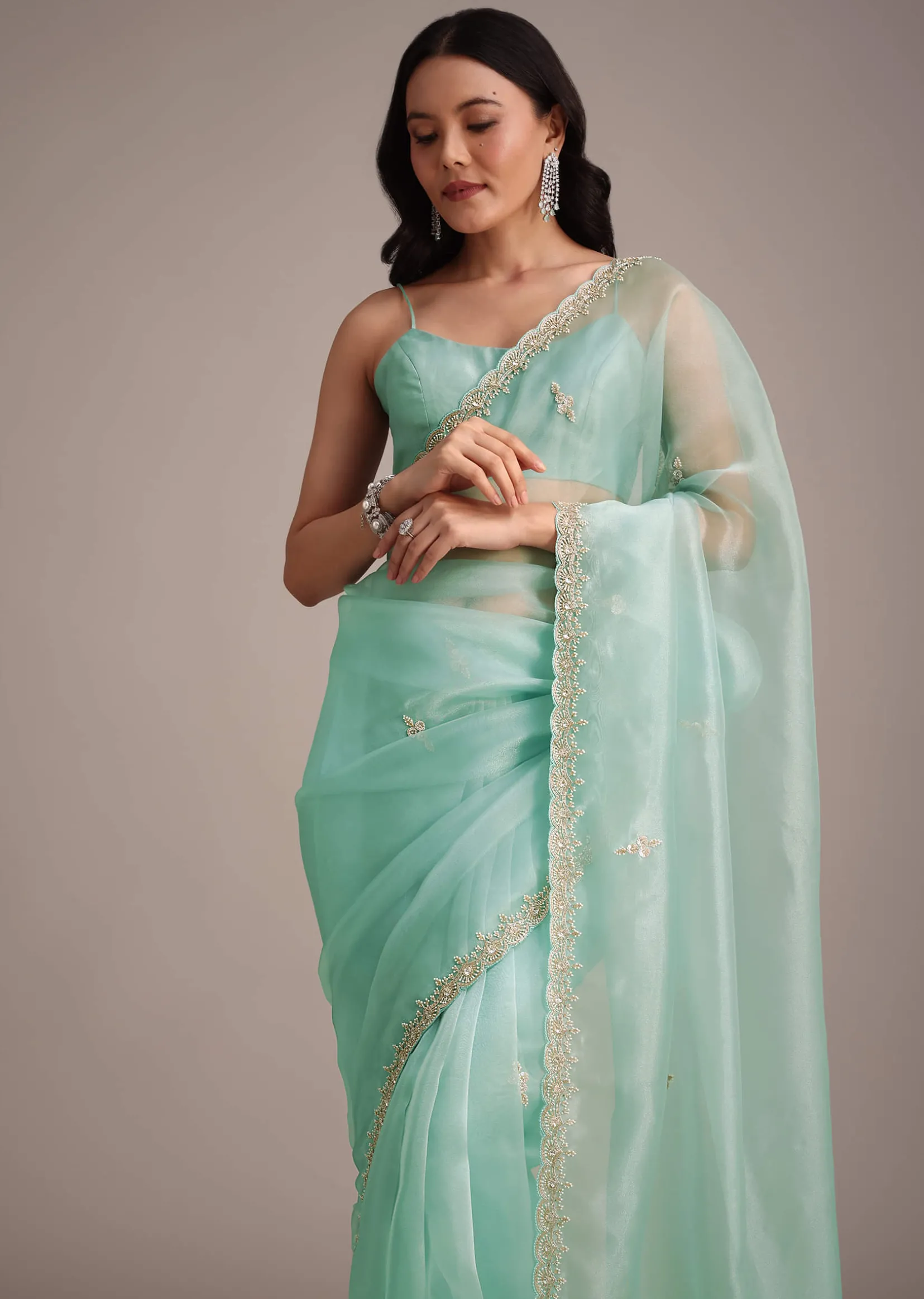 Aqua Blue Glass Tissue Embroidered Saree With Cutdana Work