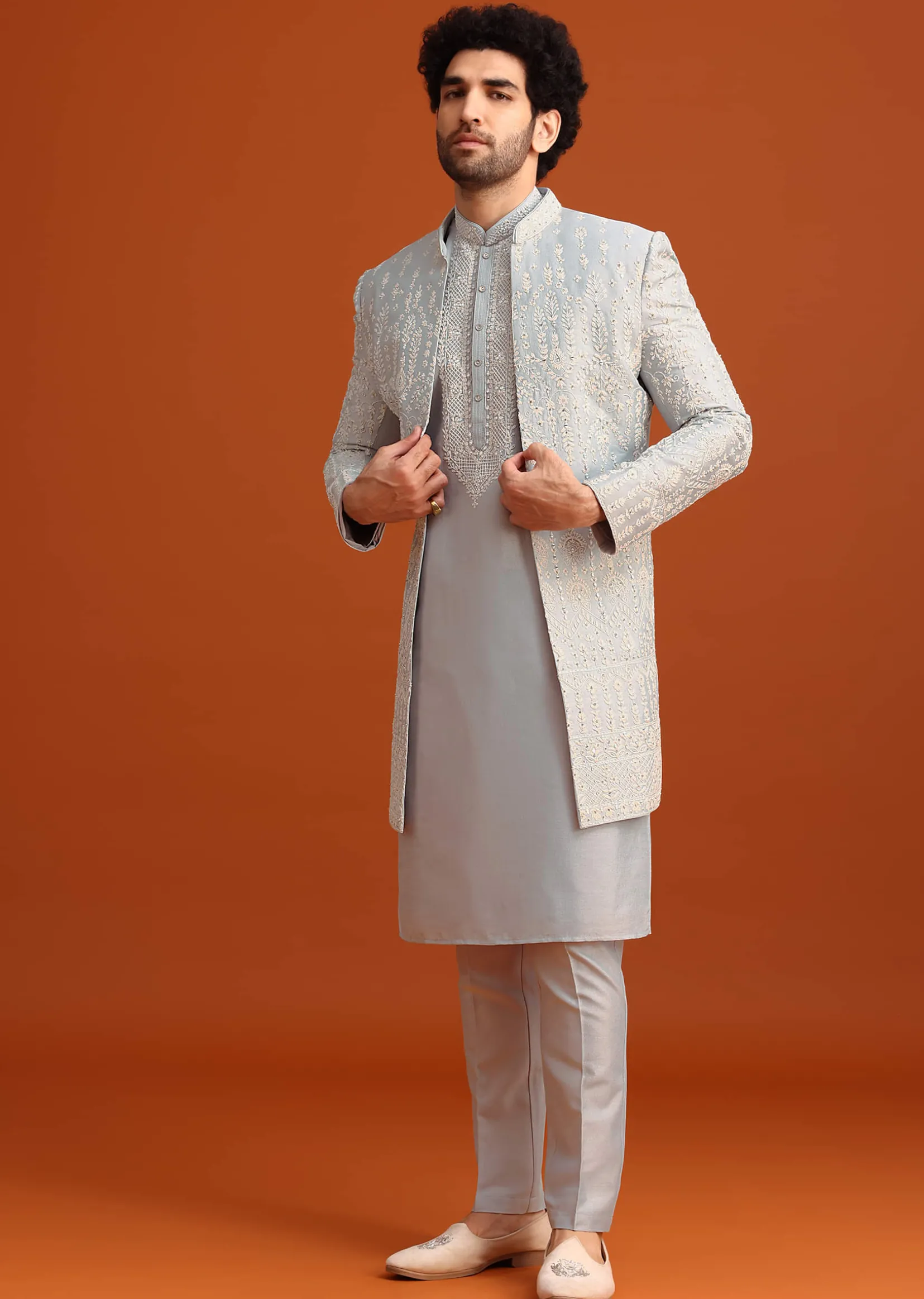 Aqua Blue Hand Embroidered Sherwani Set