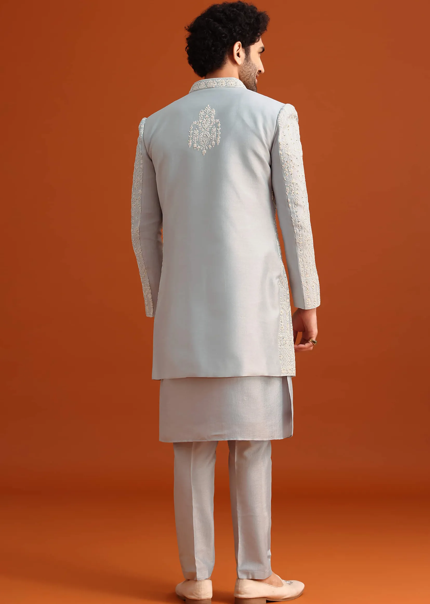 Aqua Blue Hand Embroidered Sherwani Set