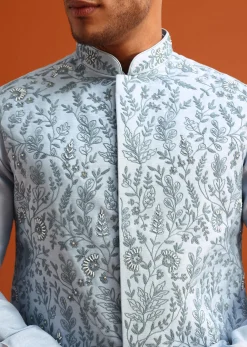 Aqua Blue Jacket Kurta Set With Hand Work