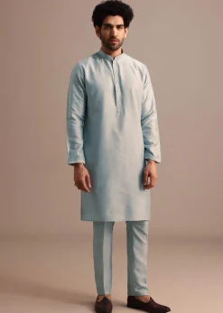 Aqua Blue Kurta Jacket Set With Thread Work For Men