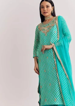 Aqua Blue Leheriya Kurta Palazzo Suit With Zardosi And Moti Work