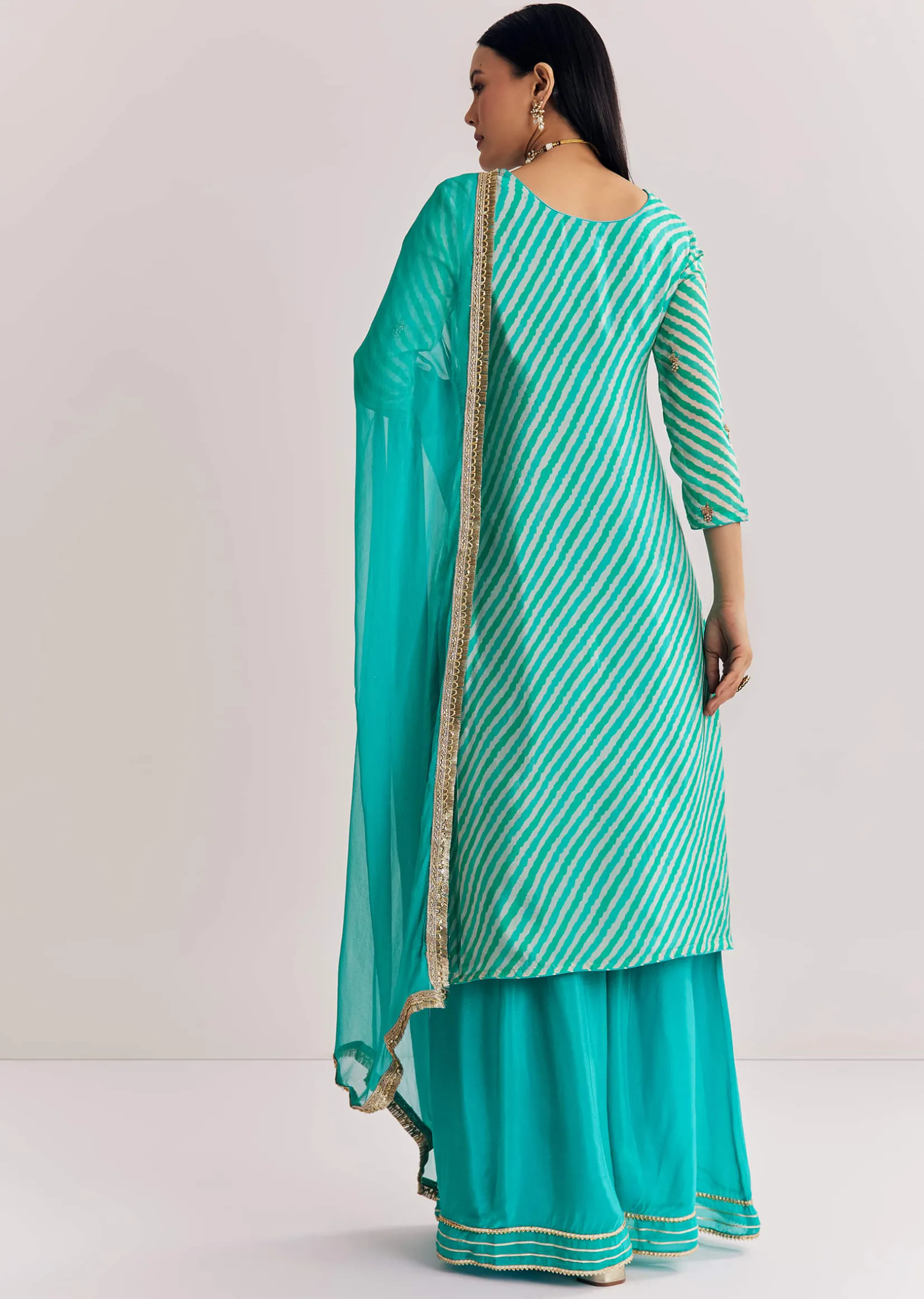 Aqua Blue Leheriya Kurta Palazzo Suit With Zardosi And Moti Work