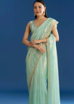 Aqua Blue Organza Tissue Saree With Cutdana And Beads Scallop Border