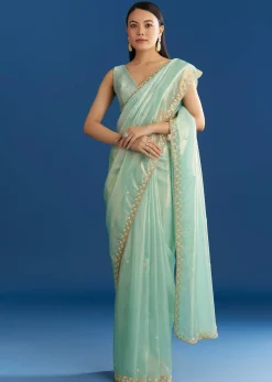 Aqua Blue Organza Tissue Saree With Cutdana And Beads Scallop Border