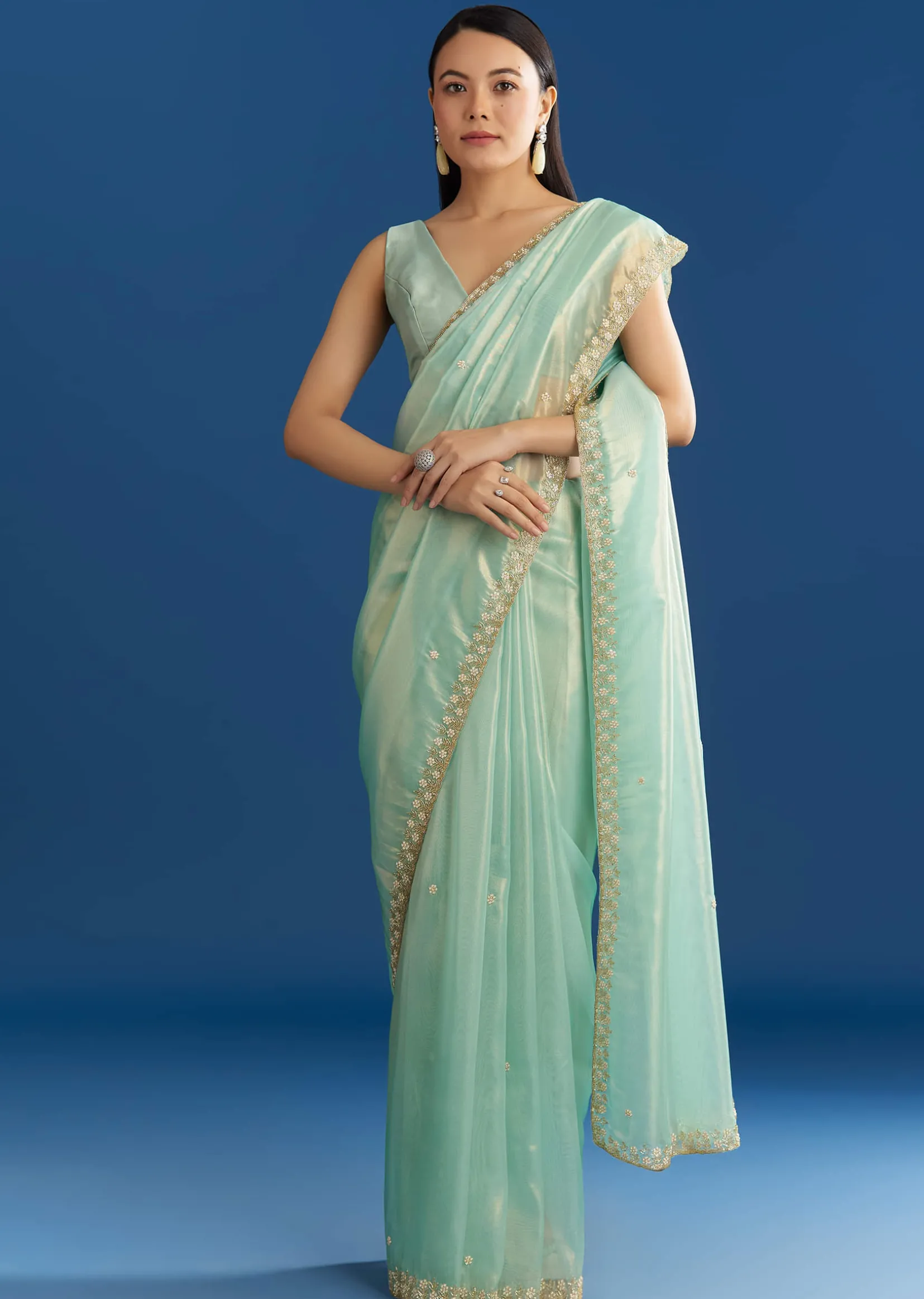 Aqua Blue Organza Tissue Saree With Cutdana And Beads Scallop Border