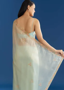 Aqua Blue Organza Tissue Saree With Multicolor Border