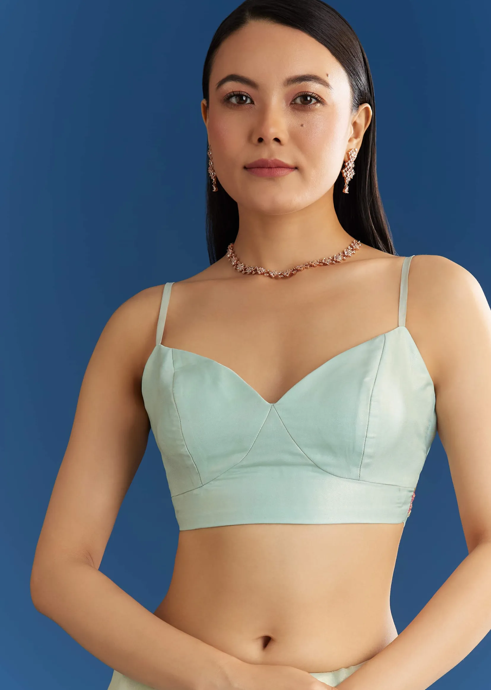 Aqua Blue Organza Tissue Saree With Multicolor Border