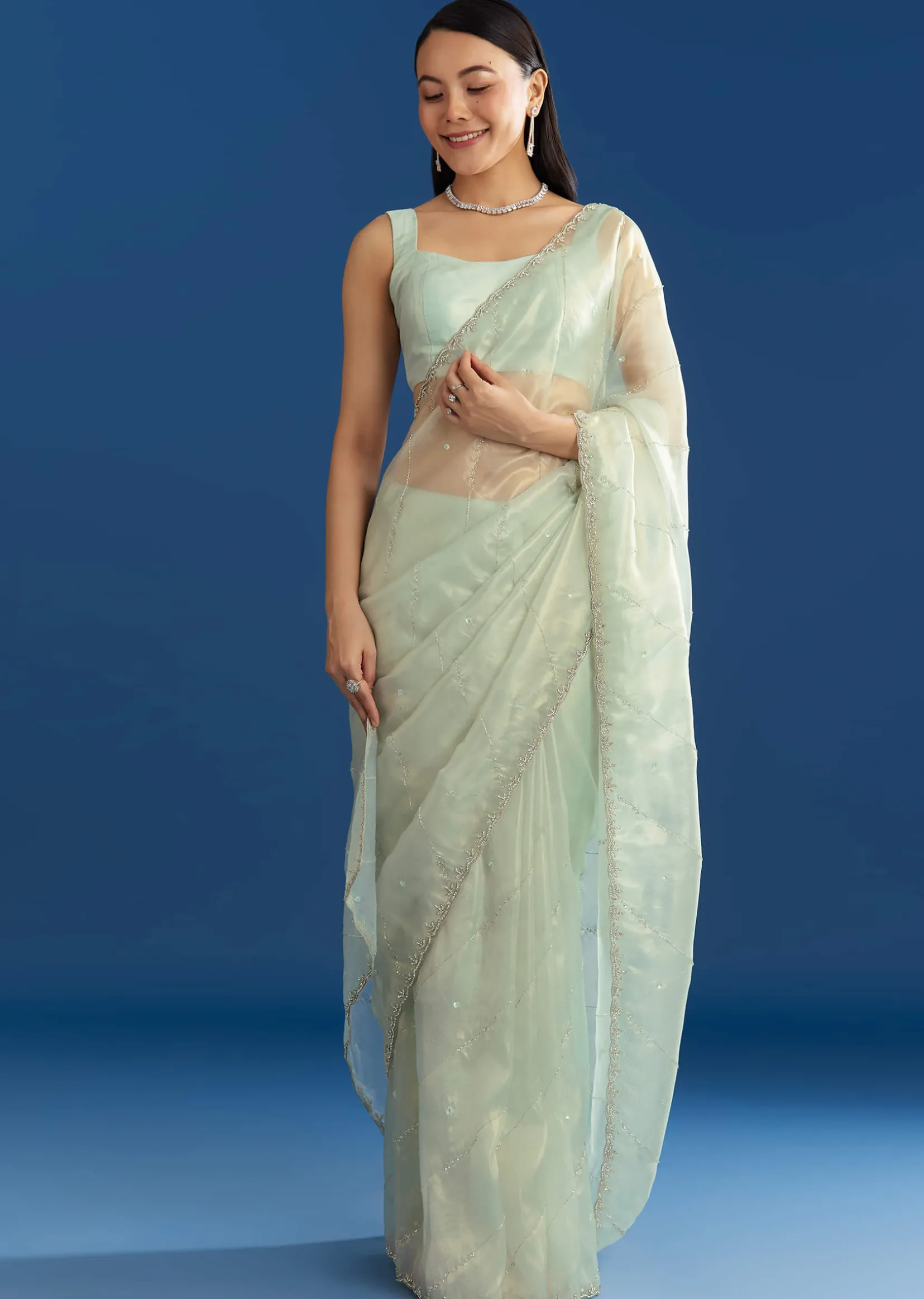 Aqua Blue Organza Tissue Saree With Embellished Border