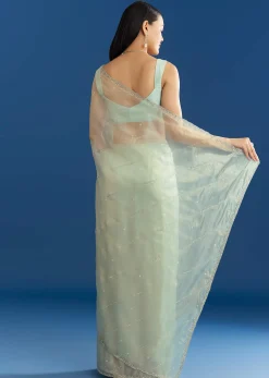Aqua Blue Organza Tissue Saree With Embellished Border