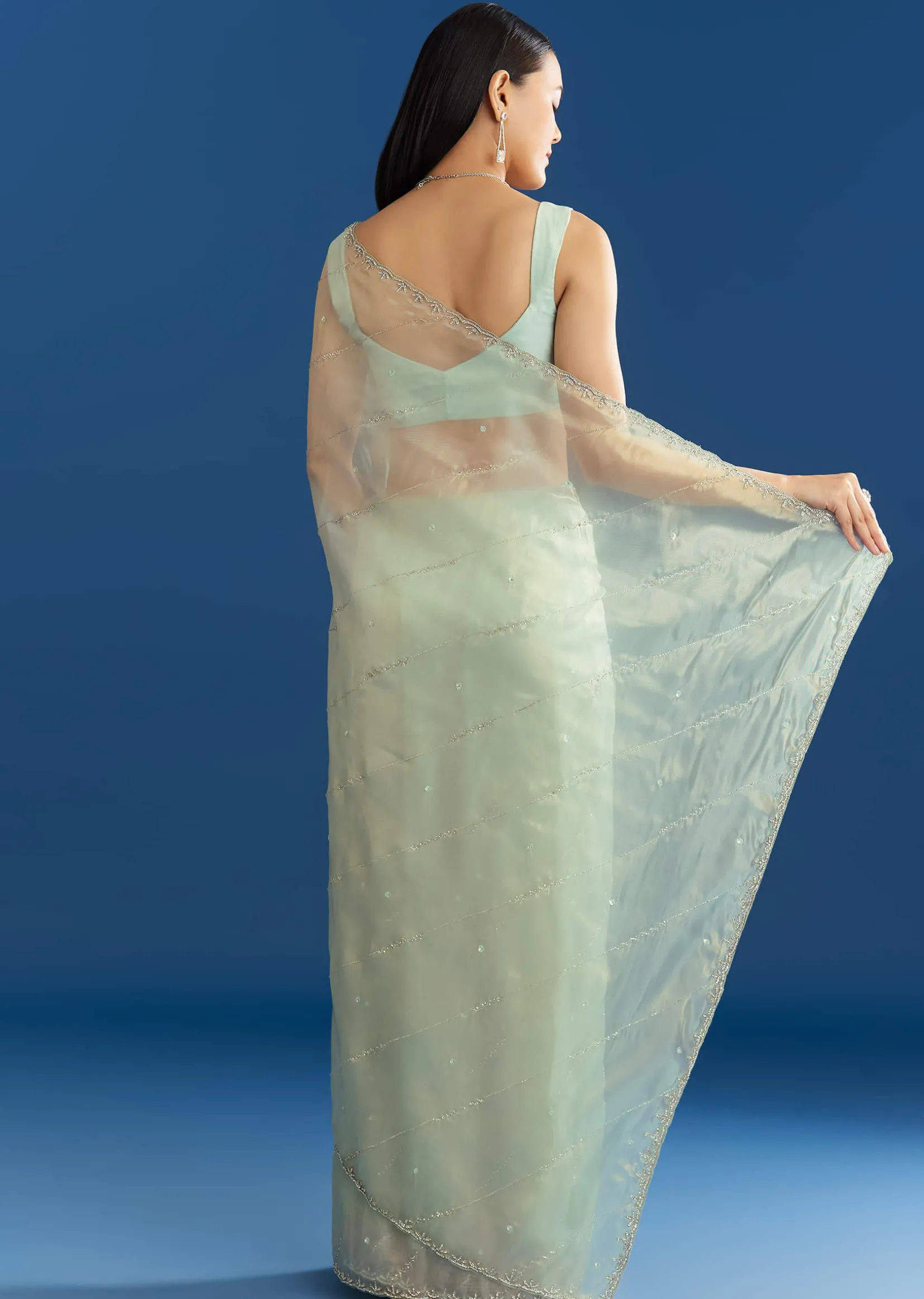 Aqua Blue Organza Tissue Saree With Embellished Border