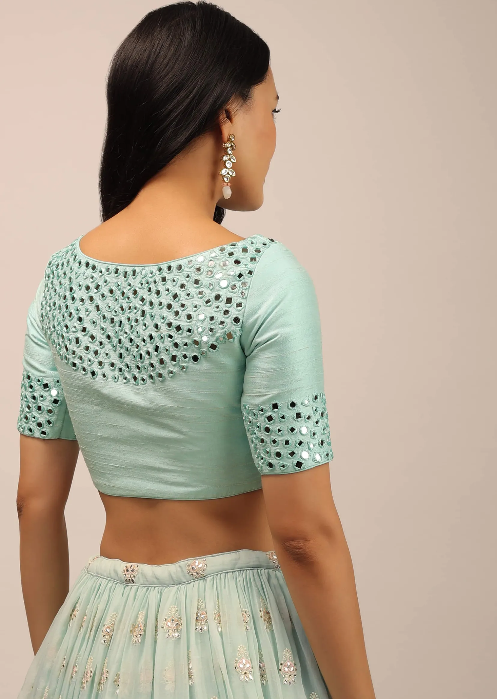 Aqua Blue Padded Blouse With Mirror Work And Half Sleeves