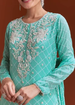 Aqua Blue Printed Chinon Sharara Set With Cut Dana And Sequins