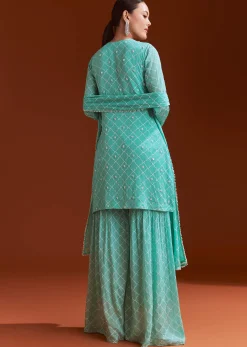Aqua Blue Printed Chinon Sharara Set With Cut Dana And Sequins
