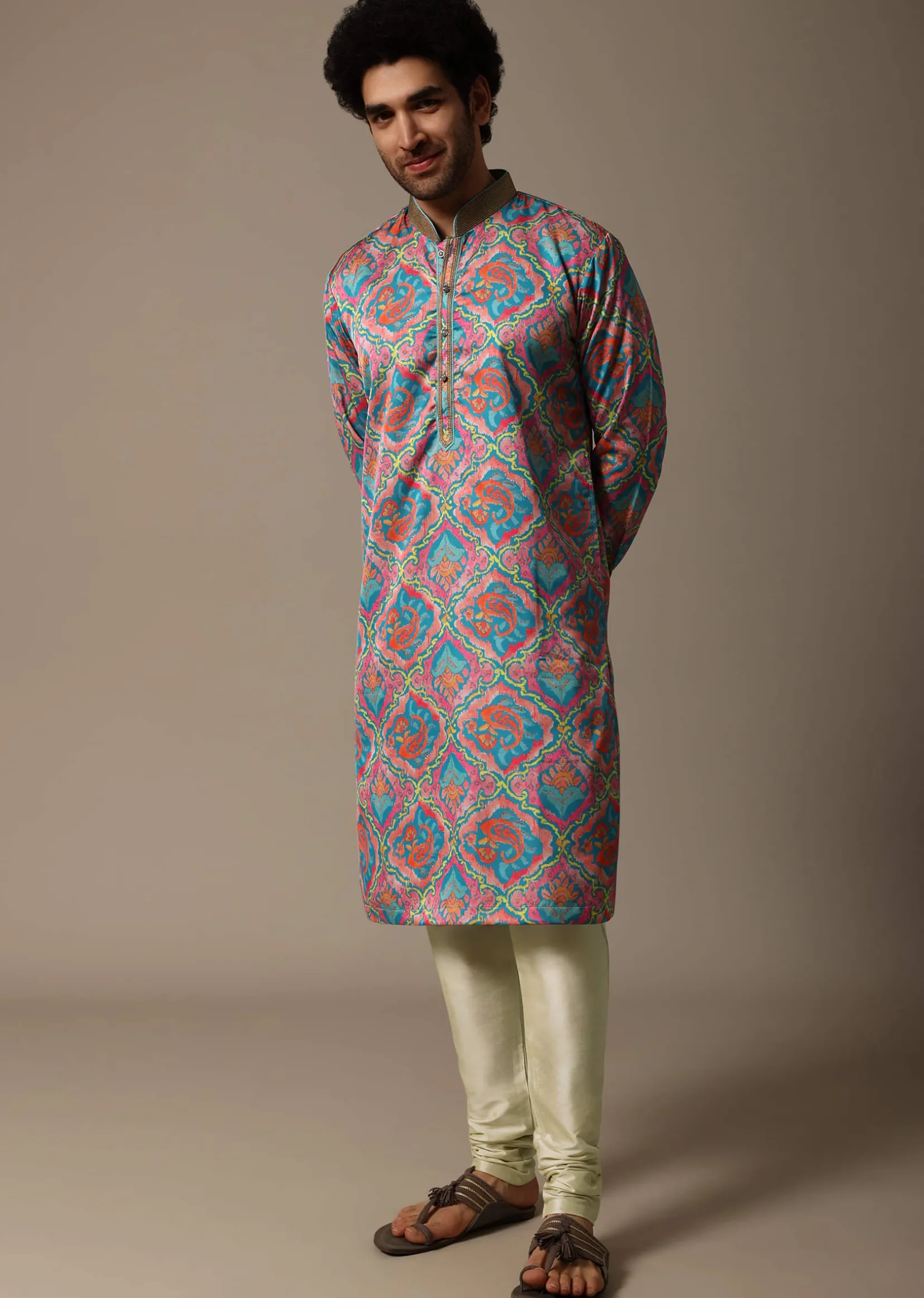 Aqua Blue Printed Silk Kurta Set For Men