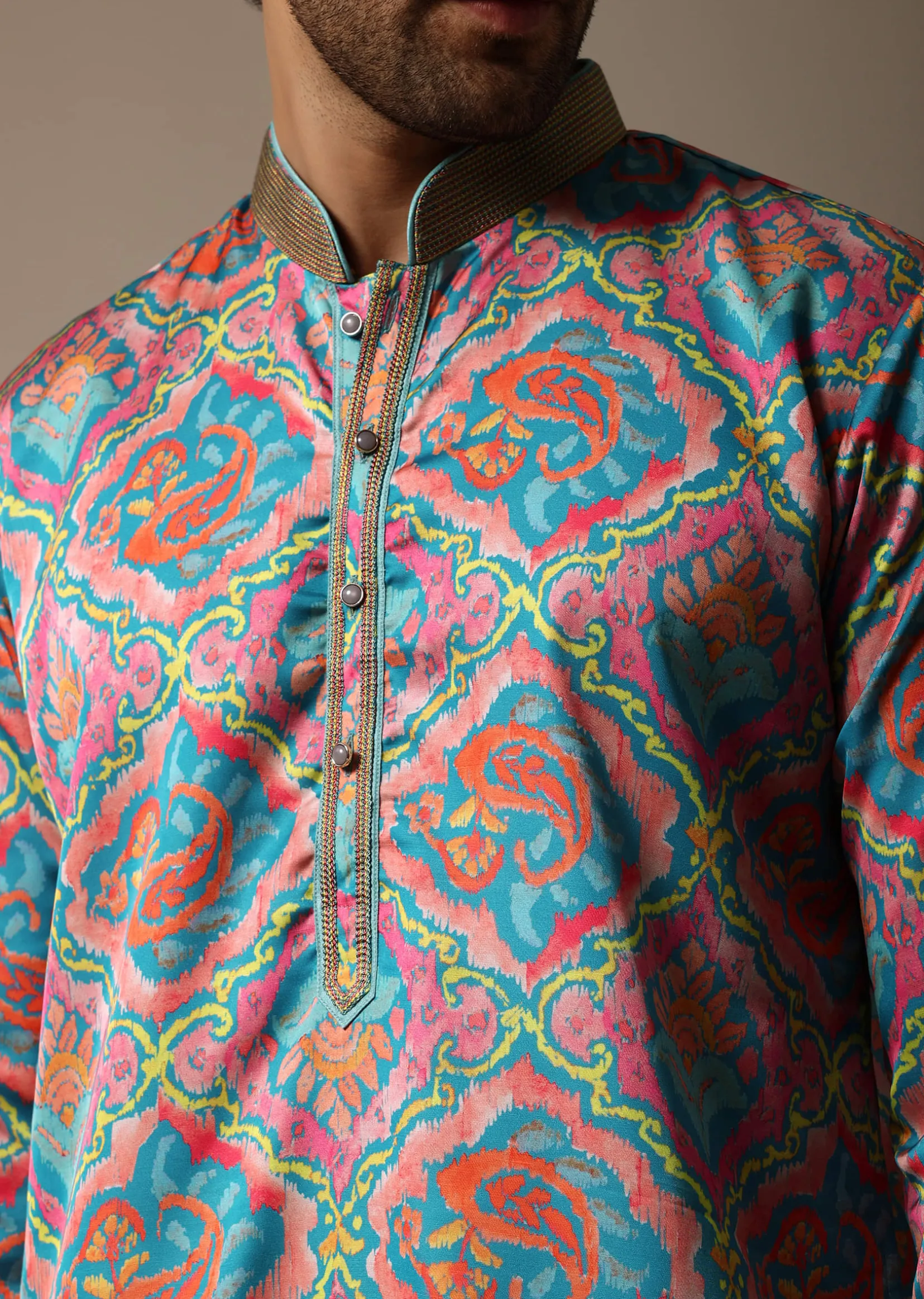 Aqua Blue Printed Silk Kurta Set For Men