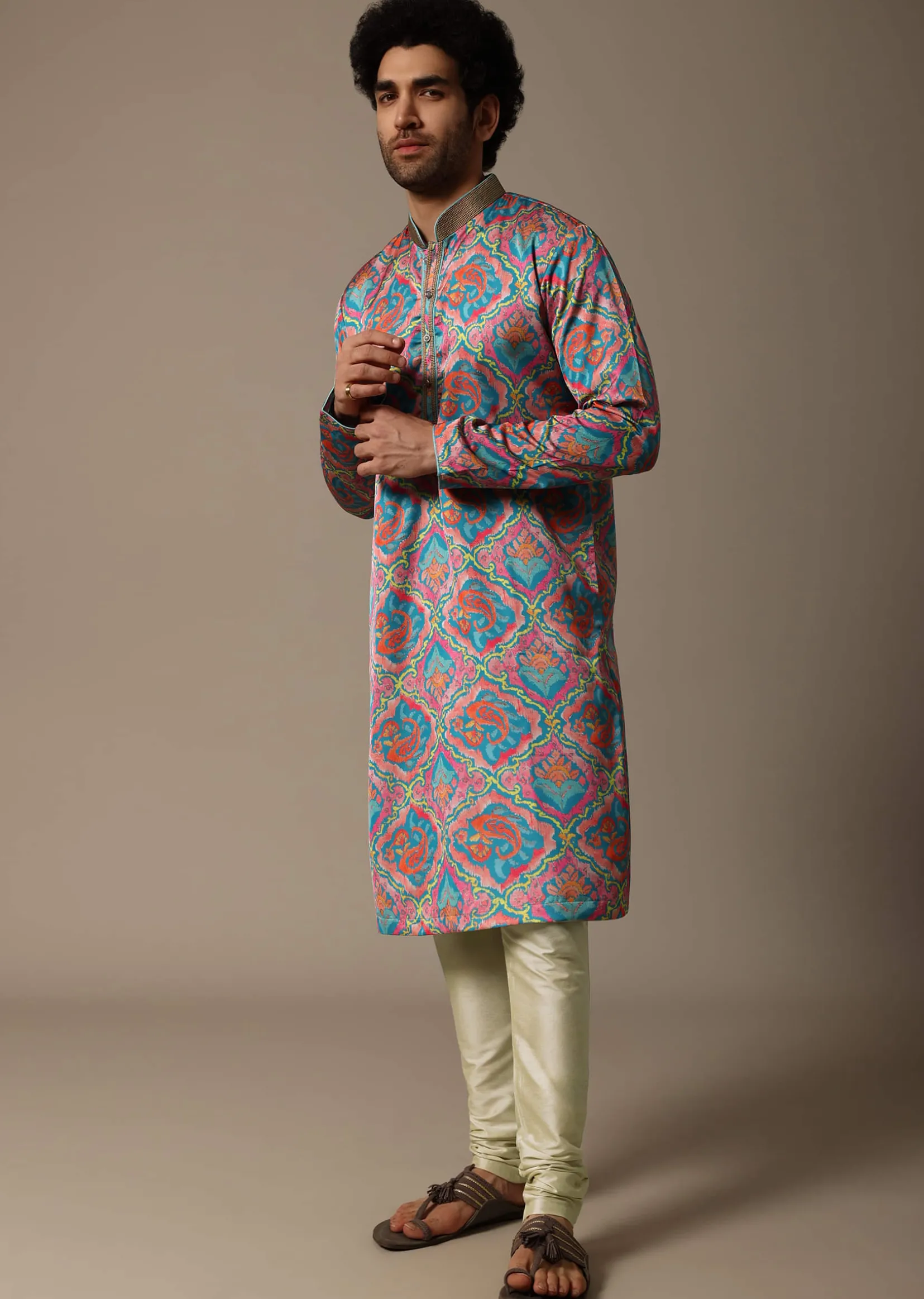 Aqua Blue Printed Silk Kurta Set For Men
