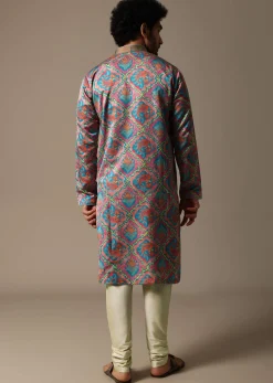 Aqua Blue Printed Silk Kurta Set For Men