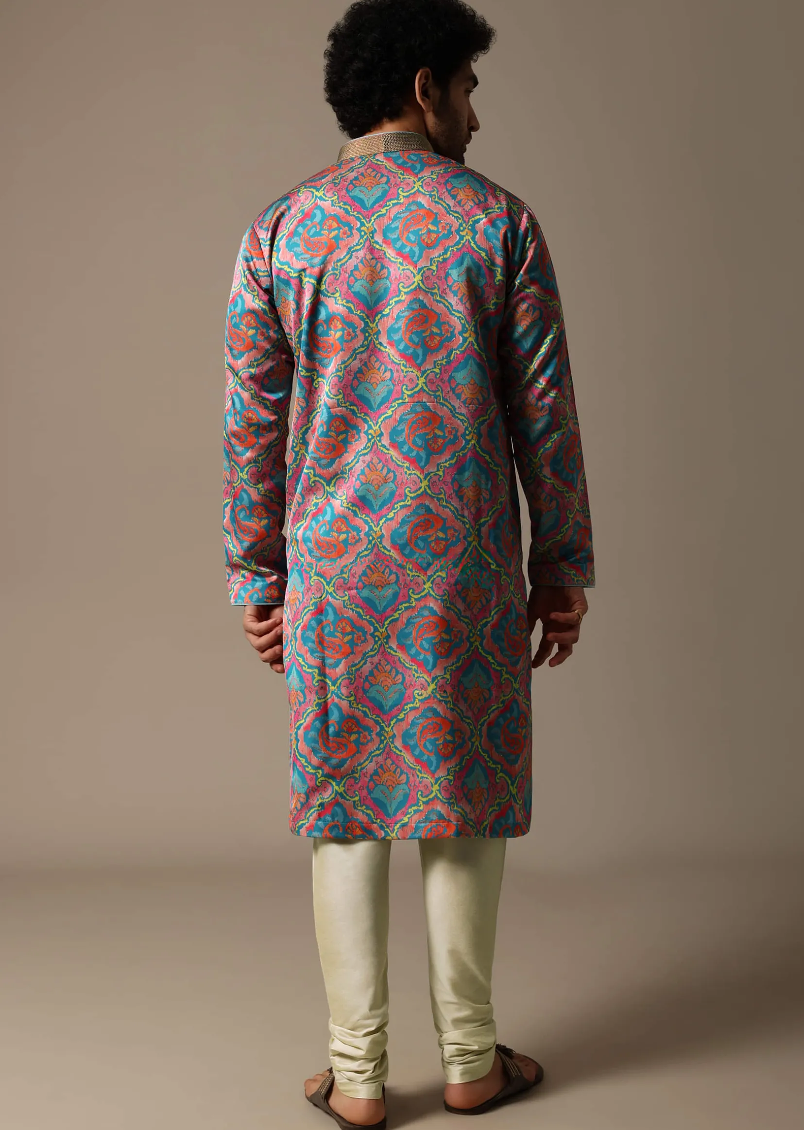 Aqua Blue Printed Silk Kurta Set For Men