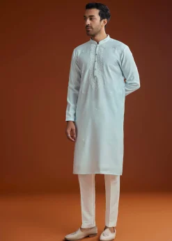 Aqua Blue Silk Embroidered Kurta Set