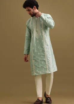 Aqua Blue Silk Kurta Set With Resham Work For Men