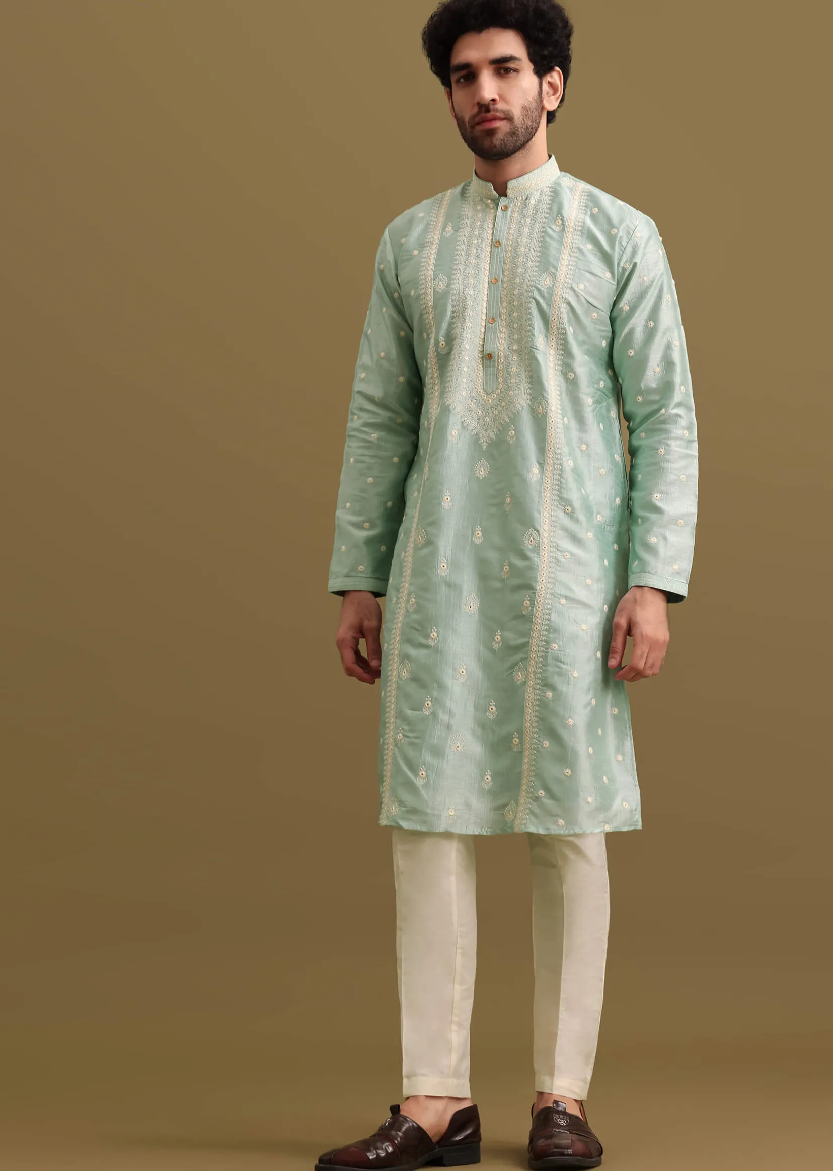 Aqua Blue Silk Kurta Set With Resham Work For Men
