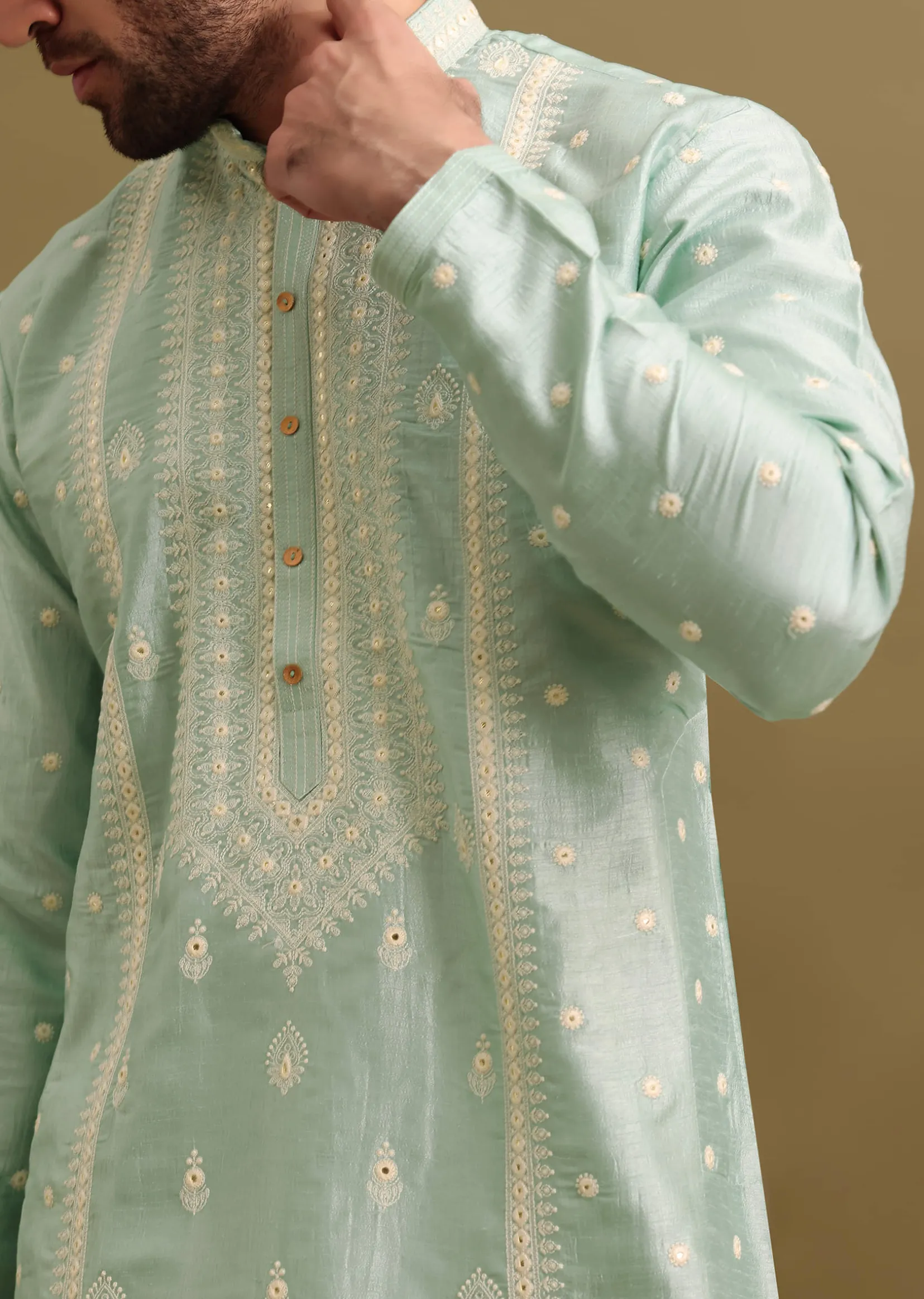 Aqua Blue Silk Kurta Set With Resham Work For Men