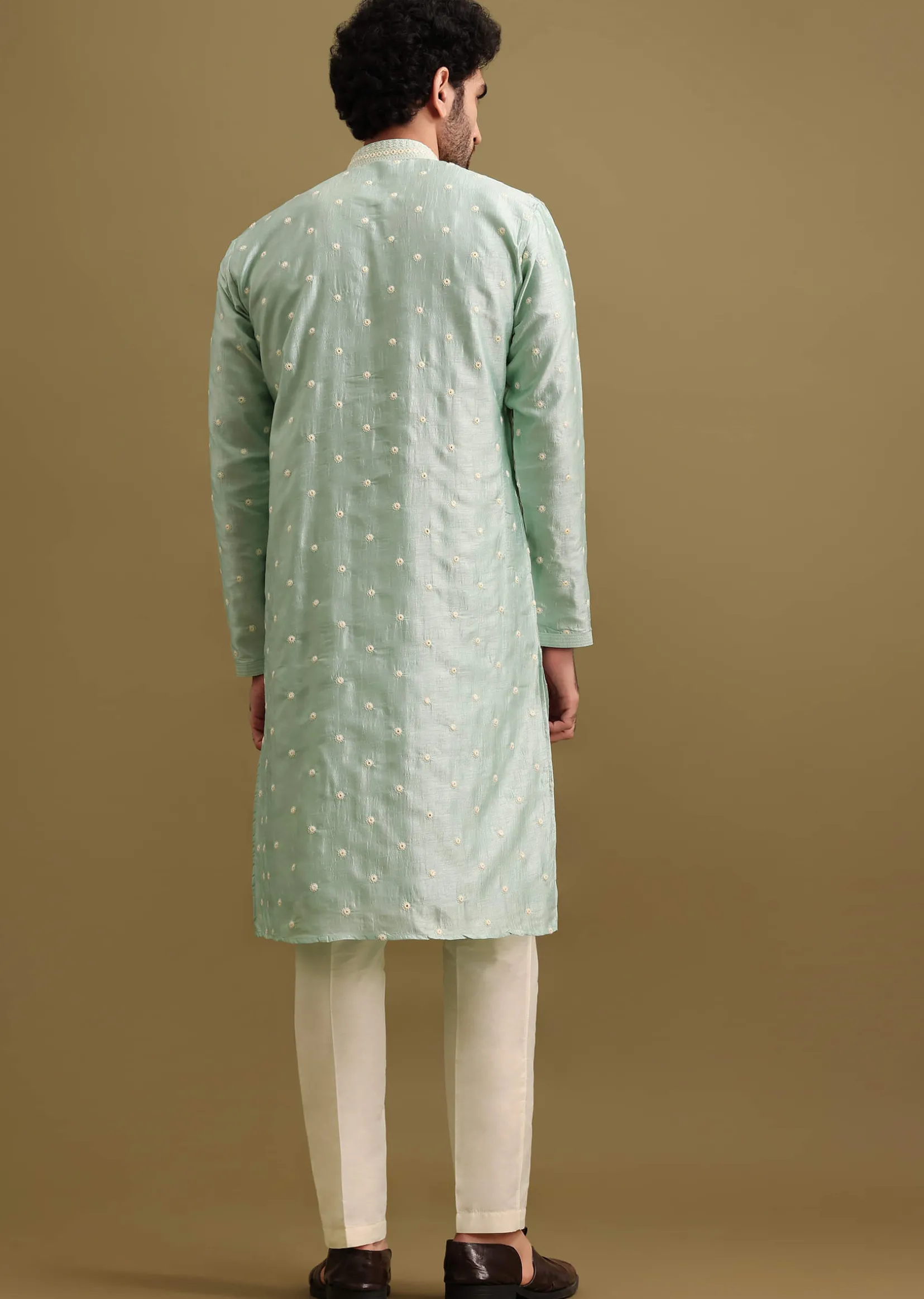 Aqua Blue Silk Kurta Set With Resham Work For Men