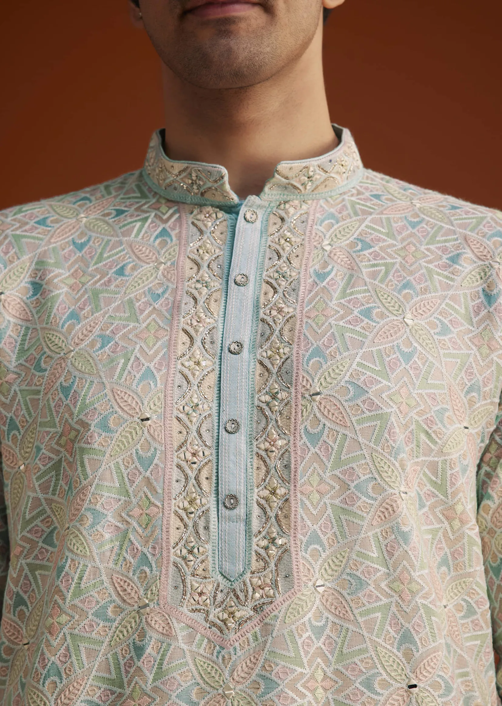 Aqua Blue Silk Kurta Set With Hand Embroidery