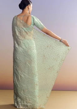 Aqua Blue Tissue Saree With Cutwork And Unstitched Embellished Blouse