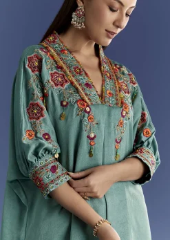 Aqua Green Crush Silk Kurta Set With Resham And Beads Work